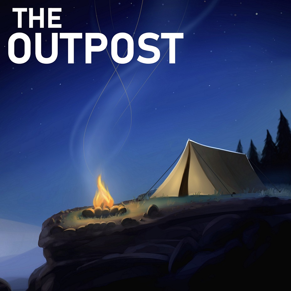 The Outpost Coverart Nachts, dunkelblau, Zelt mit Feuerstelle auf einer Klippe mit kleinem Wald im Hintergrund